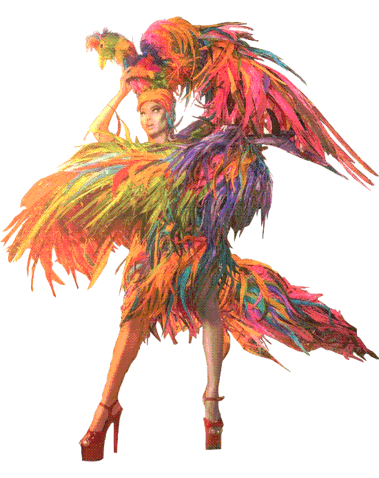 Jade is covered in rainbow feathers, with a large bird serving as a head piece. Half of her body is gray to represent stone.