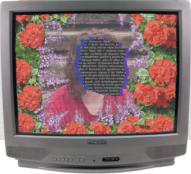 Inside a CRT TV is a picture of a person with a glitch-like effect over the face covered in Greek text. On the borders are carnations and wisteria.